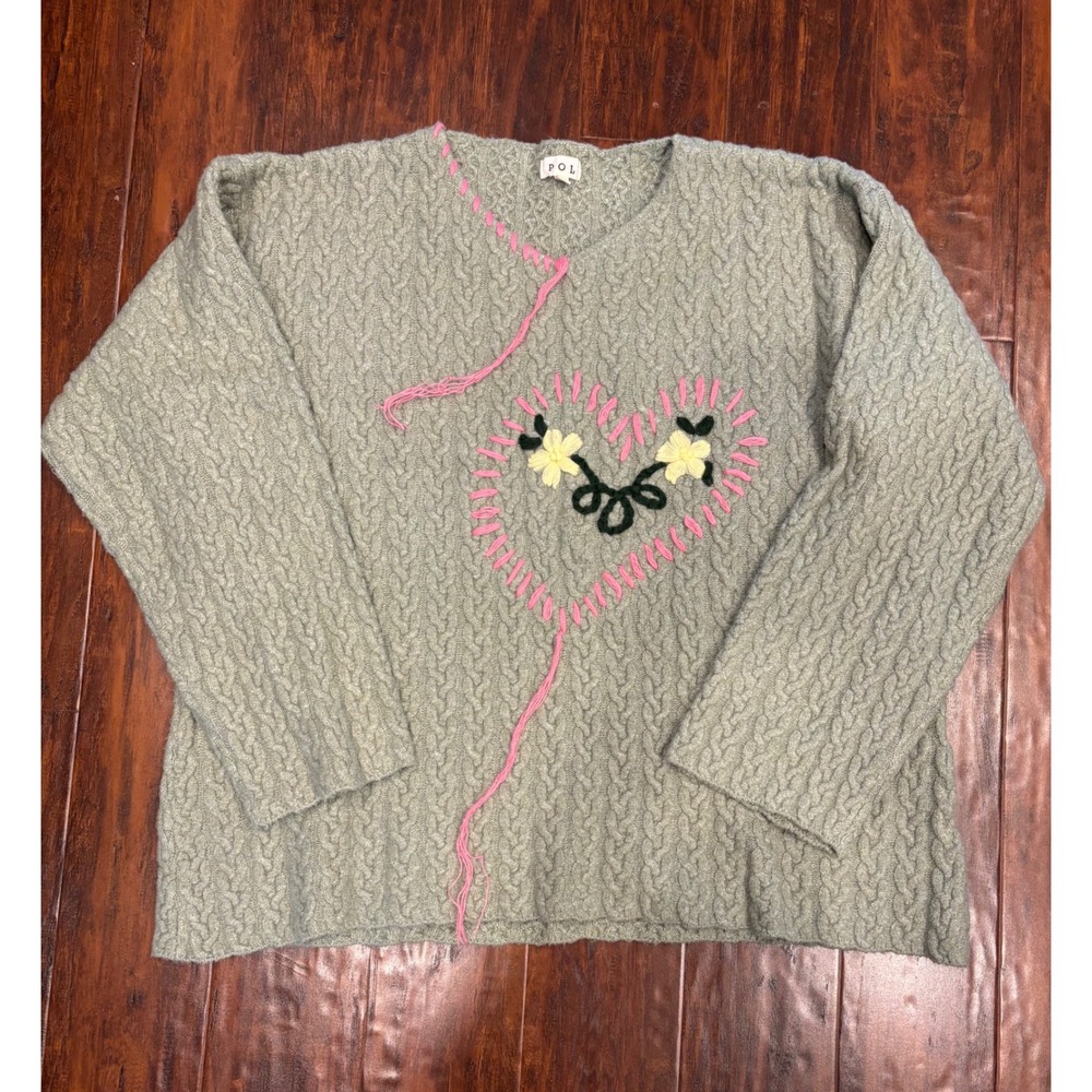 POL Small Cable Knit Heart Embroidered Sweater Women Sage Green